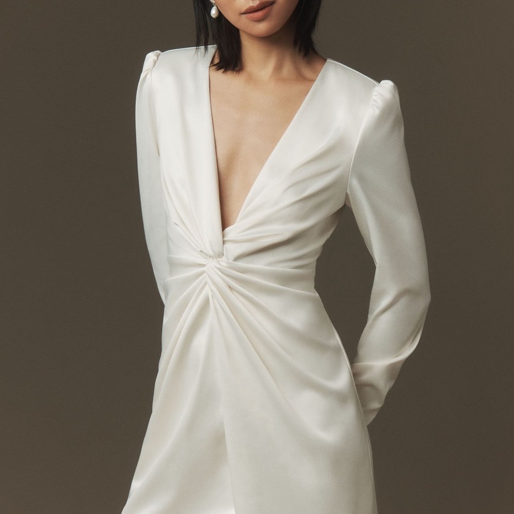 Anthropologie Cream Long-Sleeve Twist-Front Dress